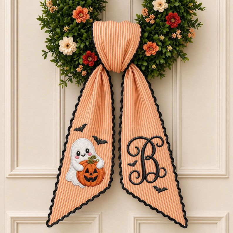 Custom Embroidery Halloween Ghost with Bat Name Sash, Embroidery Monogram Spooky Bow, Halloween Front Door Decor