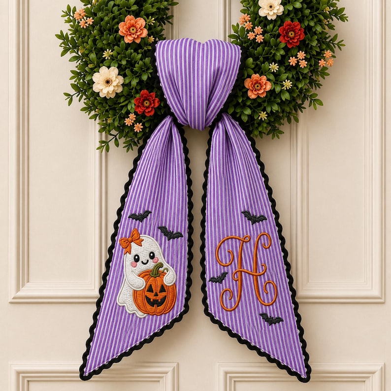 Custom Embroidery Halloween Ghost with Bat Name Sash, Embroidery Monogram Spooky Bow, Halloween Front Door Decor