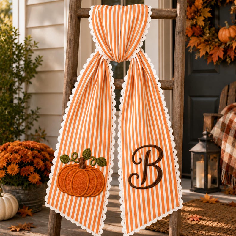 Personalized Embroidered Thanksgiving Wreath Sash, Custom Monogram Gingham Stripes Fall Wreath Bow, Thanksgiving Gift