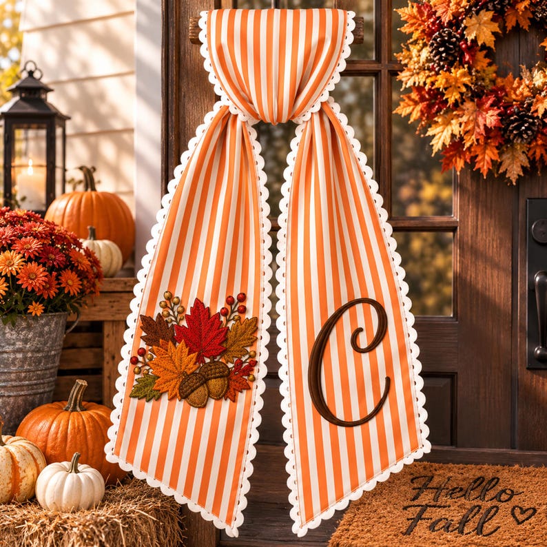 Personalized Embroidered Thanksgiving Wreath Sash, Custom Monogram Gingham Stripes Fall Wreath Bow, Thanksgiving Gift