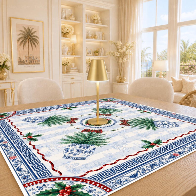 Chinoiserie Christmas Tree Mahjong Mat, Blue and White Holly Holiday Game Mat, Non-Slip Table Cover