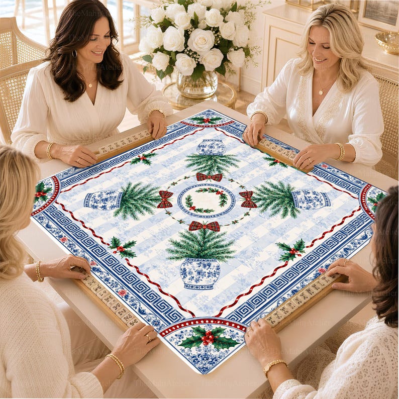 Chinoiserie Christmas Tree Mahjong Mat, Blue and White Holly Holiday Game Mat, Non-Slip Table Cover