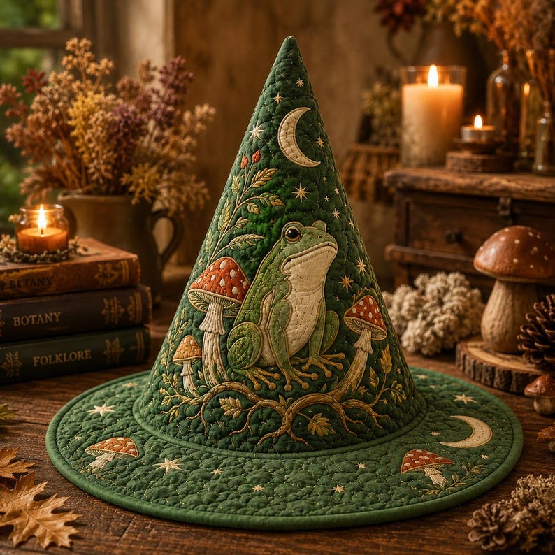Retro Quilted Witch Hat, Vintage Halloween Frog Moon Hat, Green Witch Costume Accessory, Spooky Season Party Gift