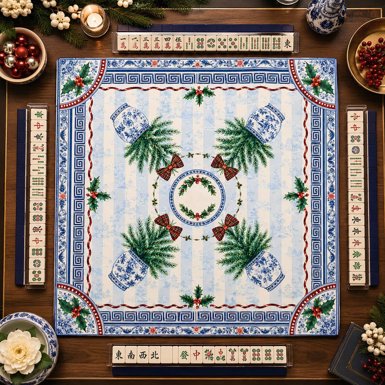 Chinoiserie Christmas Tree Mahjong Mat, Blue and White Holly Holiday Game Mat, Non-Slip Table Cover