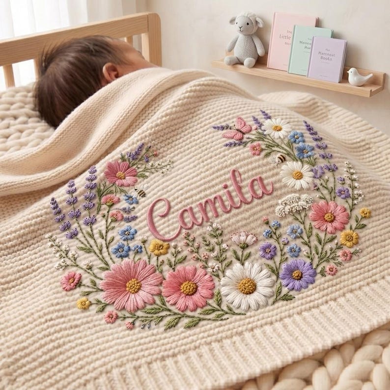 Personalized Knit Wildflower Baby Blanket Name, Custom Embroidered Butterfly Baby Shower Gift, Gift for Baby Girl