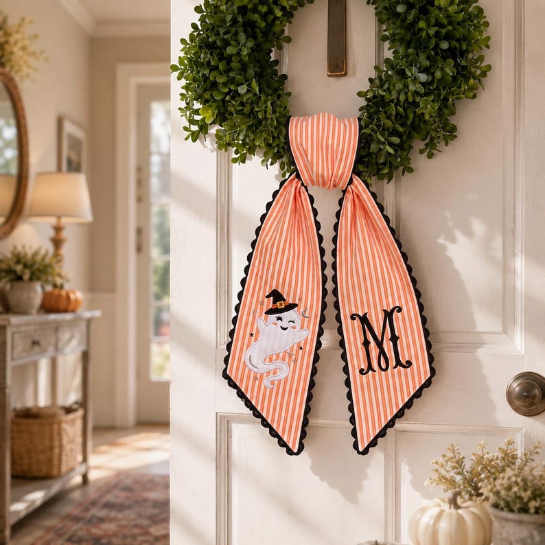 Personalized Monogram Wreath Sash, Embroidered Front Door Bow, Custom Porch Decor, Housewarming Gift