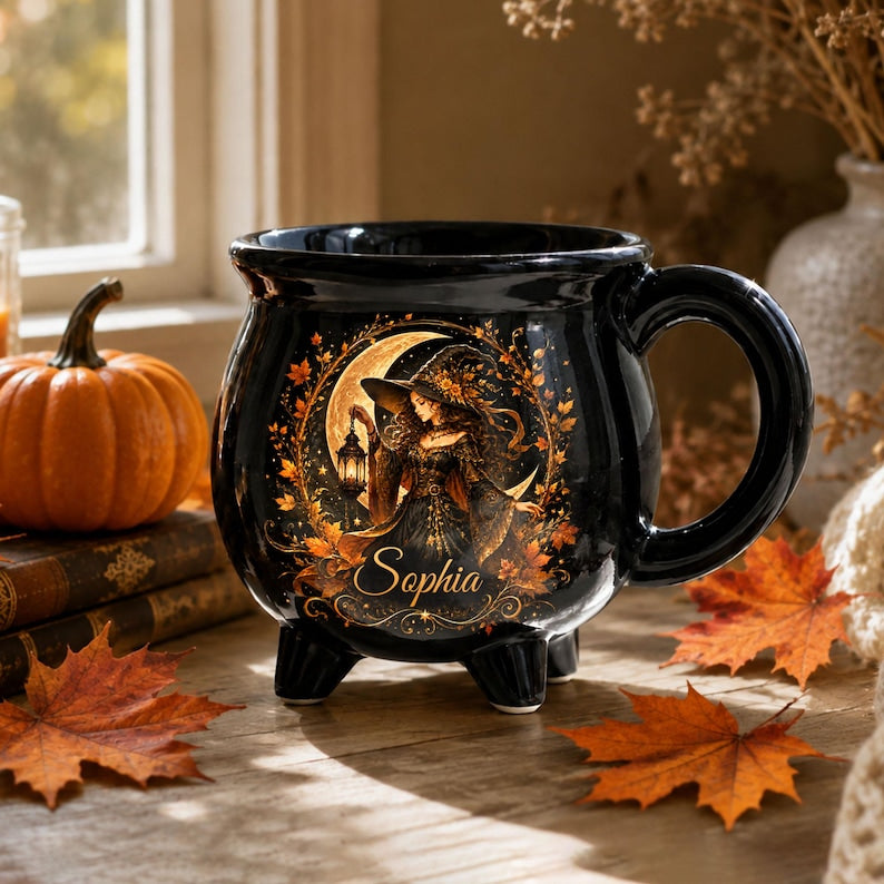 Personalized Autumn Witch Cauldron Mug, Custom Witch Halloween Ceramic Coffee Cup, Witchy Lover Gifts, Spooky Mug