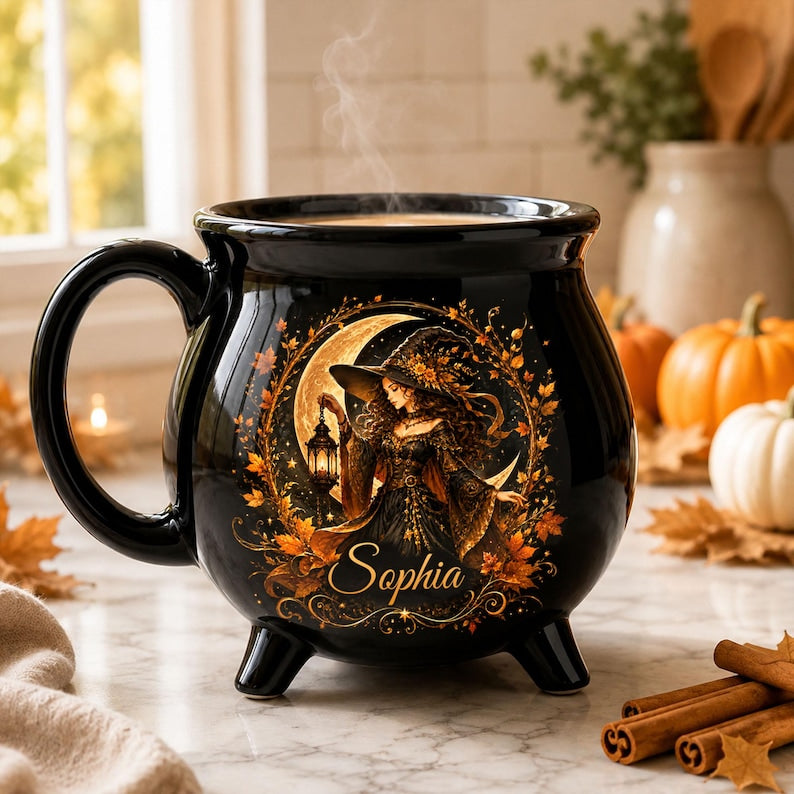Personalized Autumn Witch Cauldron Mug, Custom Witch Halloween Ceramic Coffee Cup, Witchy Lover Gifts, Spooky Mug
