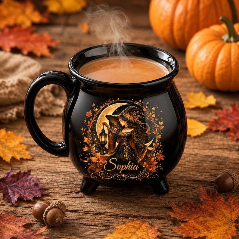 Personalized Autumn Witch Cauldron Mug, Custom Witch Halloween Ceramic Coffee Cup, Witchy Lover Gifts, Spooky Mug