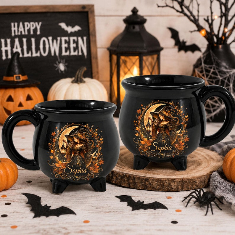 Personalized Autumn Witch Cauldron Mug, Custom Witch Halloween Ceramic Coffee Cup, Witchy Lover Gifts, Spooky Mug