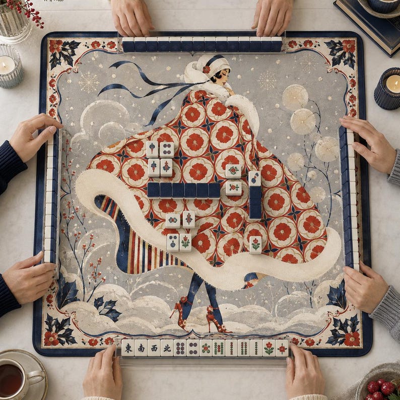 Mahjong Mat Gift for Her, Winter Snow Christmas Theme Mah Jongg Table Cover, Red Navy Room Decor