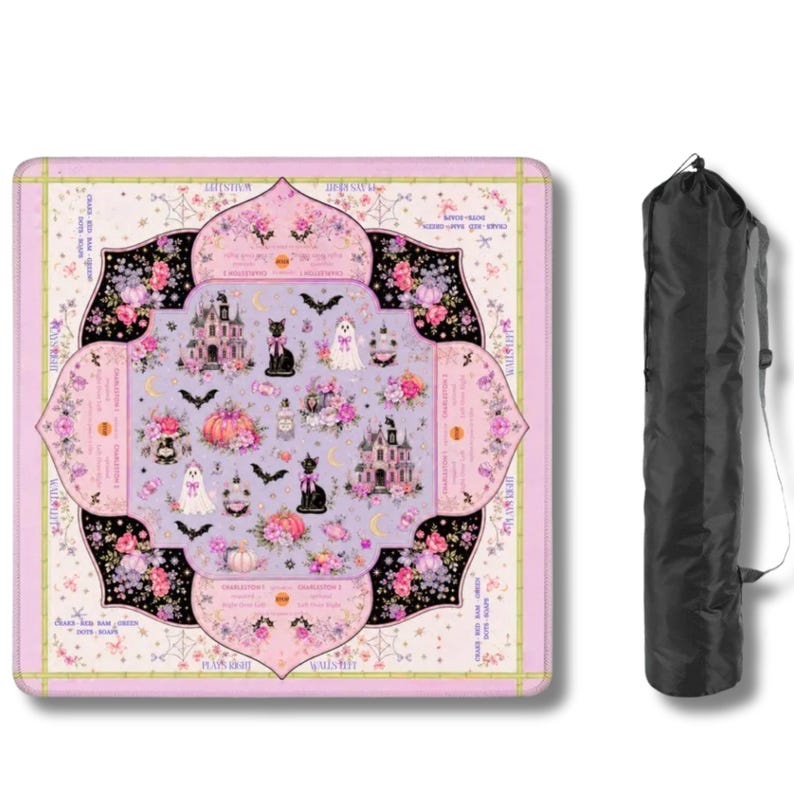 Hey Punkin Halloween Mahjong Mat, Pink Ghost Black Cat Instructional Game Night Gift, American Mahjong