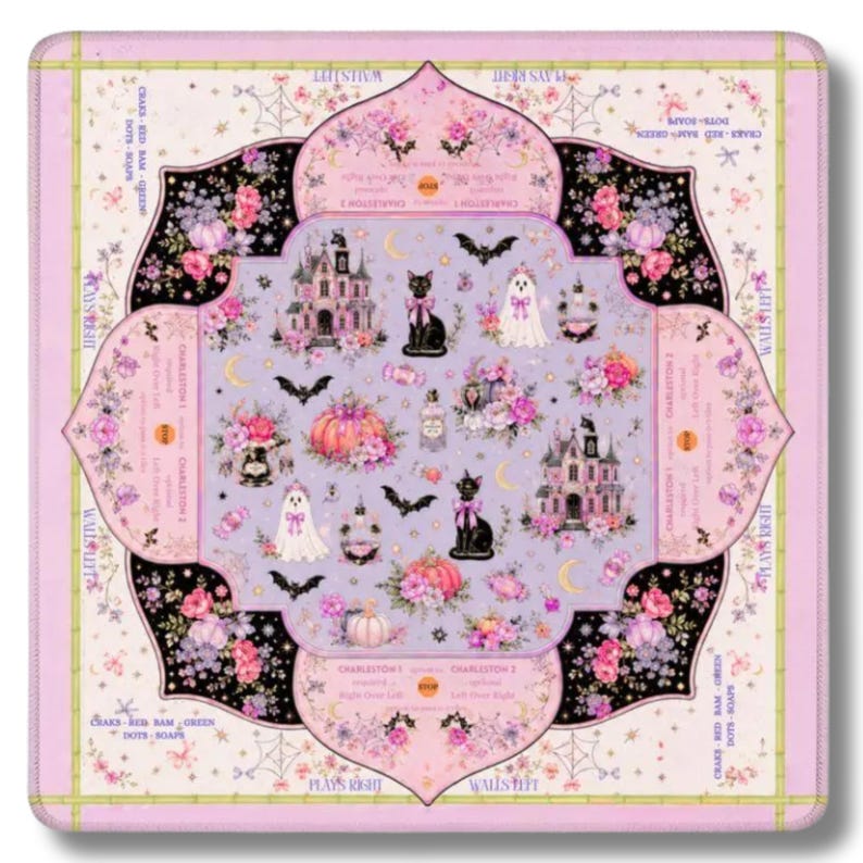 Hey Punkin Halloween Mahjong Mat, Pink Ghost Black Cat Instructional Game Night Gift, American Mahjong