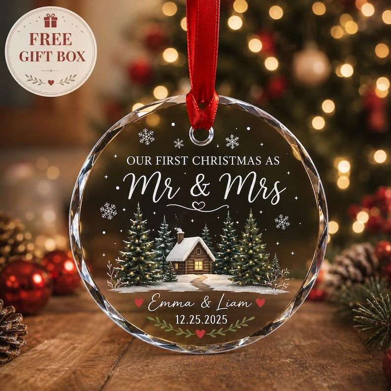 First Christmas Married Ornament, Custom Mr and Mrs Keepsake, Winter Cabin Ornament, Newlywed Gift