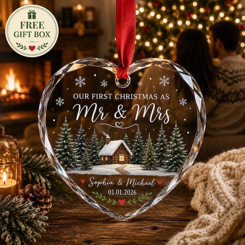 First Christmas Married Ornament, Custom Mr and Mrs Keepsake, Winter Cabin Ornament, Newlywed Gift