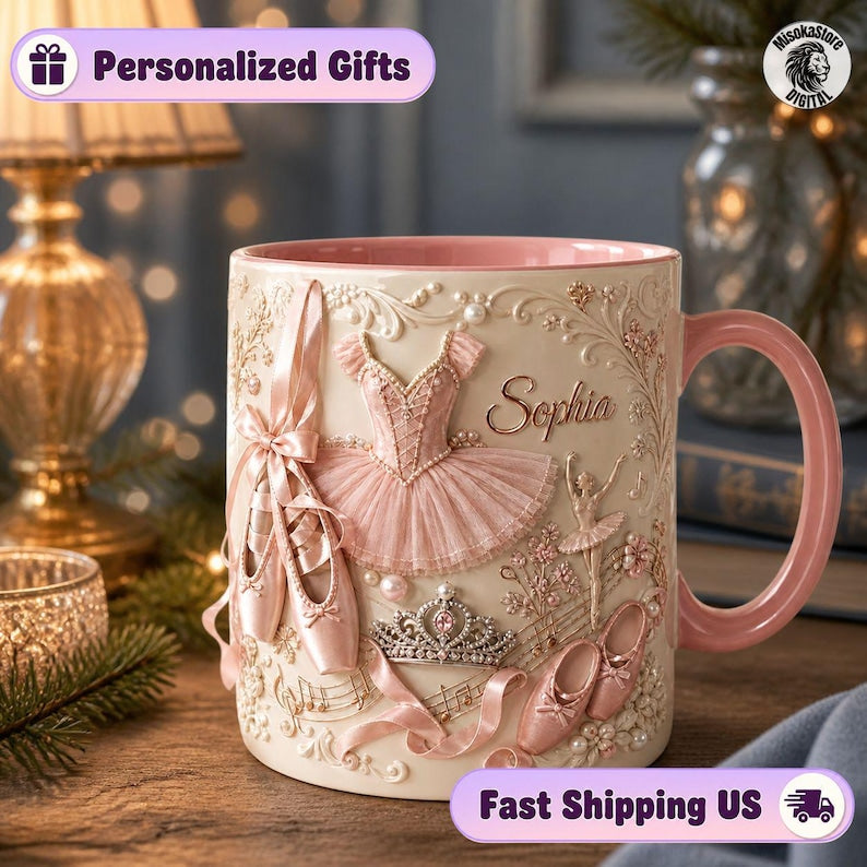 Personalized Ballet Name Mug, Pointe Shoes Charm Design, Custom Ballerina Coffee Mug, Ballet Dancer Gift