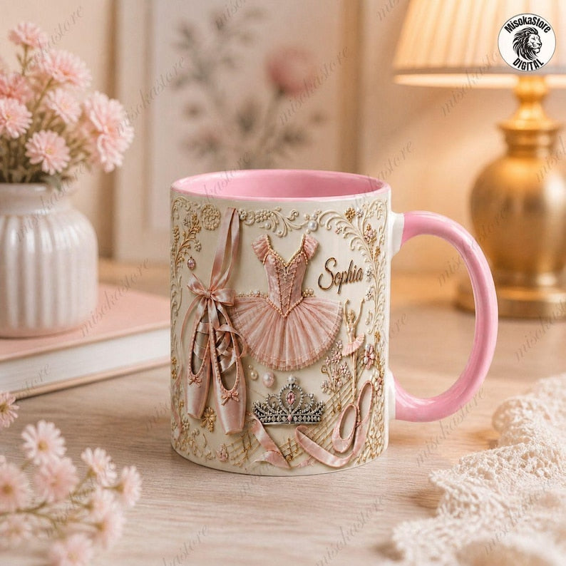 Personalized Ballet Name Mug, Pointe Shoes Charm Design, Custom Ballerina Coffee Mug, Ballet Dancer Gift