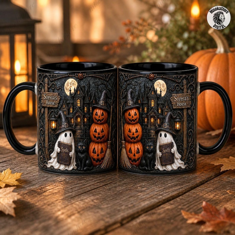 Personalized Haunted House Name Mug, Black Cat Witch Hat Design, Spell Book Ghost Coffee Mug, Halloween Gift