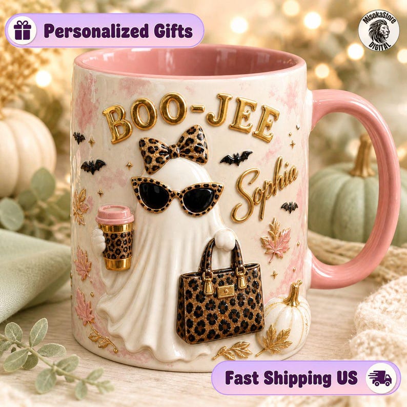 Personalized Boo Jee Mug, Boujee Halloween Design, Leopard Ghost Coffee Mug, Trendy Boujee Fall Gift