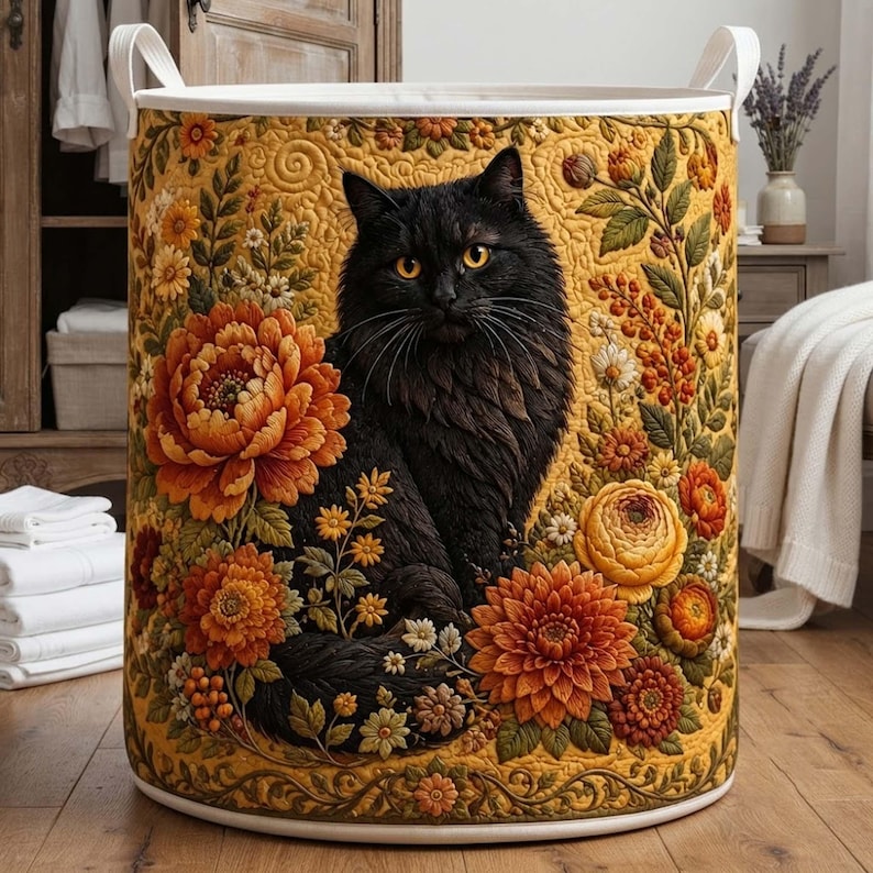 Custom Cat Quilt Laundry Basket, Autumn Floral Storage Bin, Large Hamper