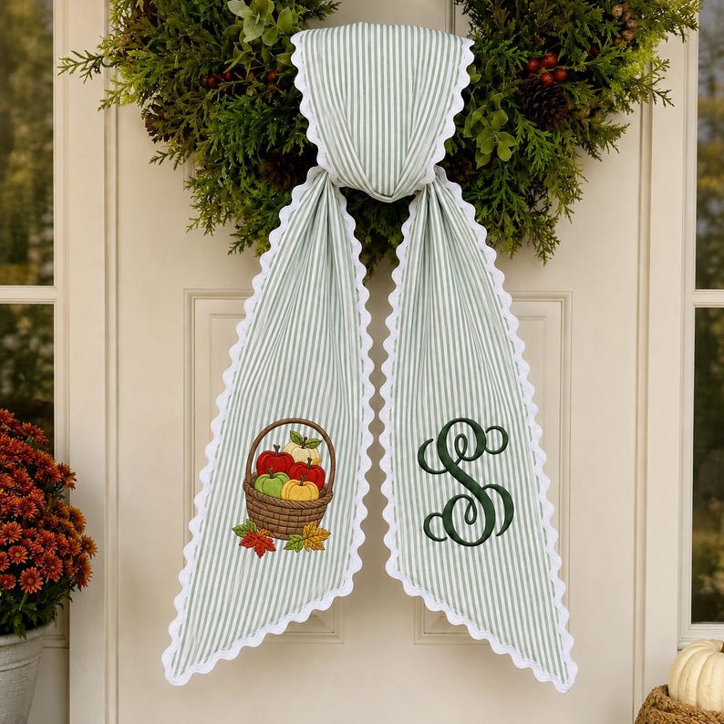 Personalized Fall Wreath Sash, Embroidered Apple Basket Monogram Door Bow, Yellow Gingham Thanksgiving Front Door Decor