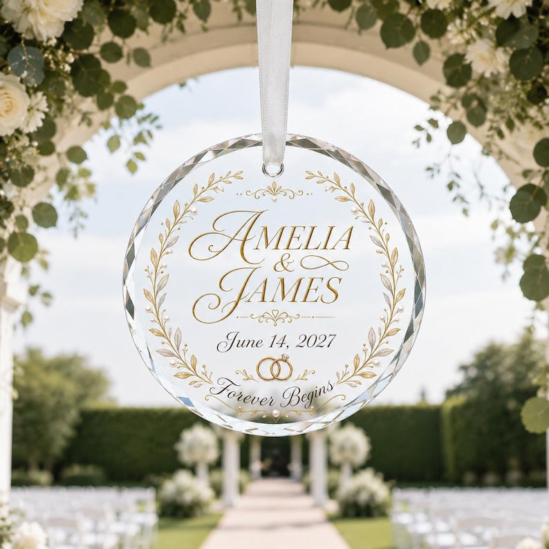 Personalized Forever Begins Wedding Crystal Ornament, Custom Names Date Engagement Gift, Bridal Shower Keepsake