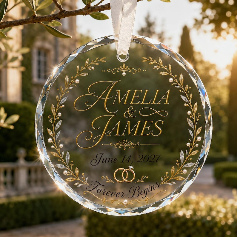 Personalized Forever Begins Wedding Crystal Ornament, Custom Names Date Engagement Gift, Bridal Shower Keepsake