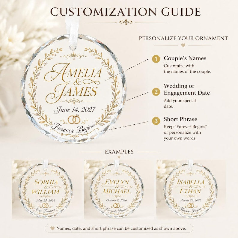 Personalized Forever Begins Wedding Crystal Ornament, Custom Names Date Engagement Gift, Bridal Shower Keepsake