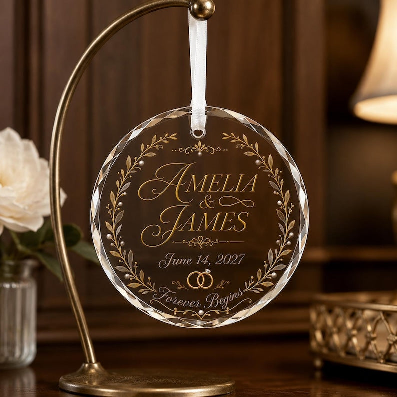Personalized Forever Begins Wedding Crystal Ornament, Custom Names Date Engagement Gift, Bridal Shower Keepsake