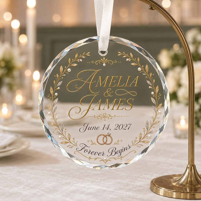 Personalized Forever Begins Wedding Crystal Ornament, Custom Names Date Engagement Gift, Bridal Shower Keepsake