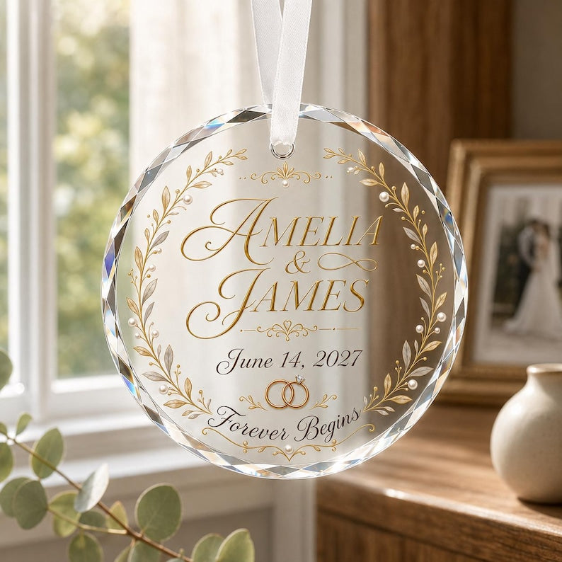 Personalized Forever Begins Wedding Crystal Ornament, Custom Names Date Engagement Gift, Bridal Shower Keepsake
