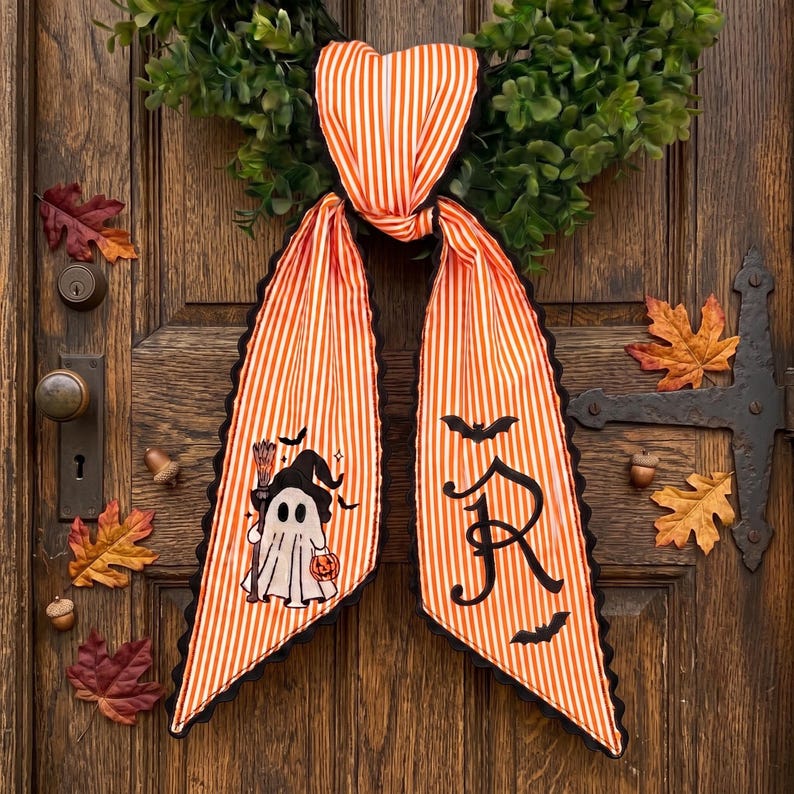 Custom Embroidery Halloween Witch Ghost Name Sash, Embroidery Monogram Spooky Bow, Custom Name Stripe Ribbon