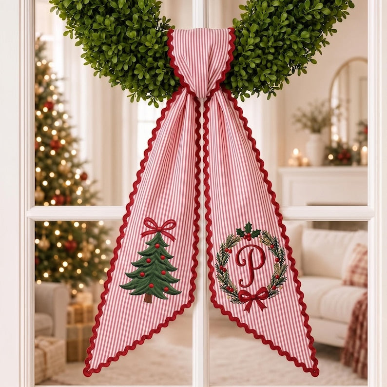 Custom Embroidery Christmas Tree Name Wreath Sash, Personalize Monogram Bow Christmas Decor, Stripe Ribbon