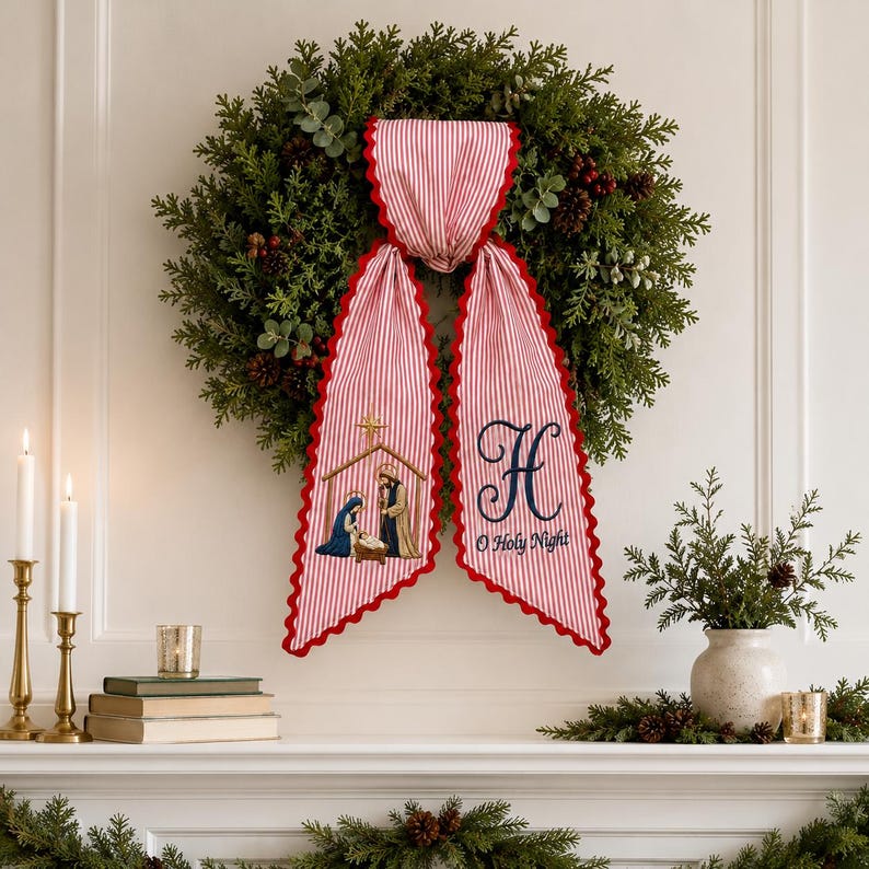 Custom Holy Family Wreath Sash, Nativity Christmas Door Ribbon, Embroidered O Holy Night Monogram Bow, Christian Holiday Decor