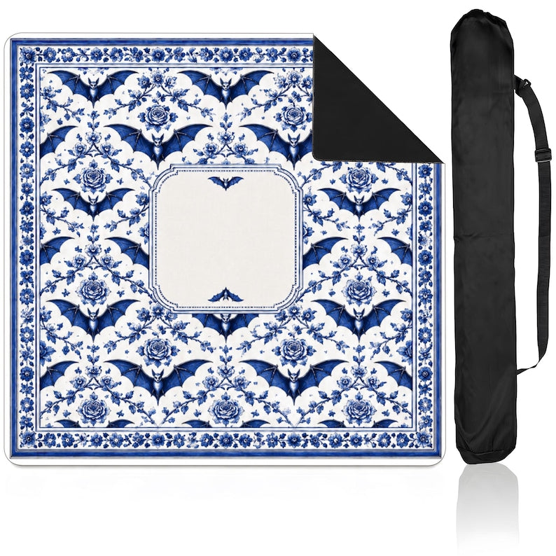 Blue Chinoiserie Bat Mahjong Mat, Gothic Floral Table Cover, Delft Blue Halloween Game Night Decor
