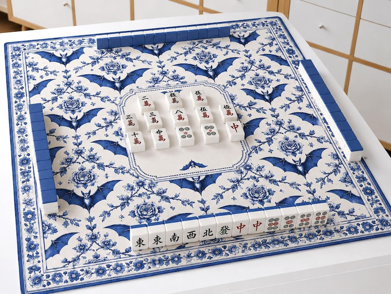Blue Chinoiserie Bat Mahjong Mat, Gothic Floral Table Cover, Delft Blue Halloween Game Night Decor