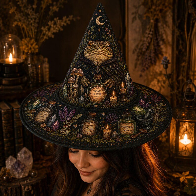Halloween Quilted Witch Hat, Haunted Apothecary Toad Elixir Hat, Witchy Potion Bottle Table Decor, Gothic Fall Fabric Centerpiece