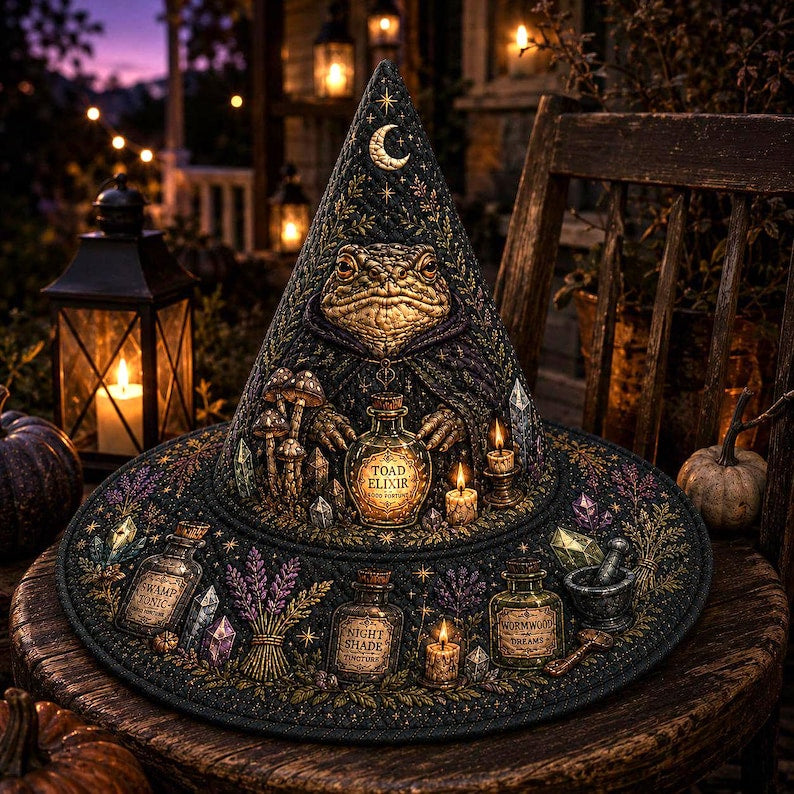 Halloween Quilted Witch Hat, Haunted Apothecary Toad Elixir Hat, Witchy Potion Bottle Table Decor, Gothic Fall Fabric Centerpiece