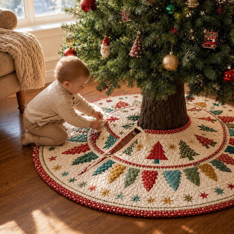 Quilted Christmas Tree Skirt, Patchwork Pine Tree Skirt, Farmhouse Holiday Decor