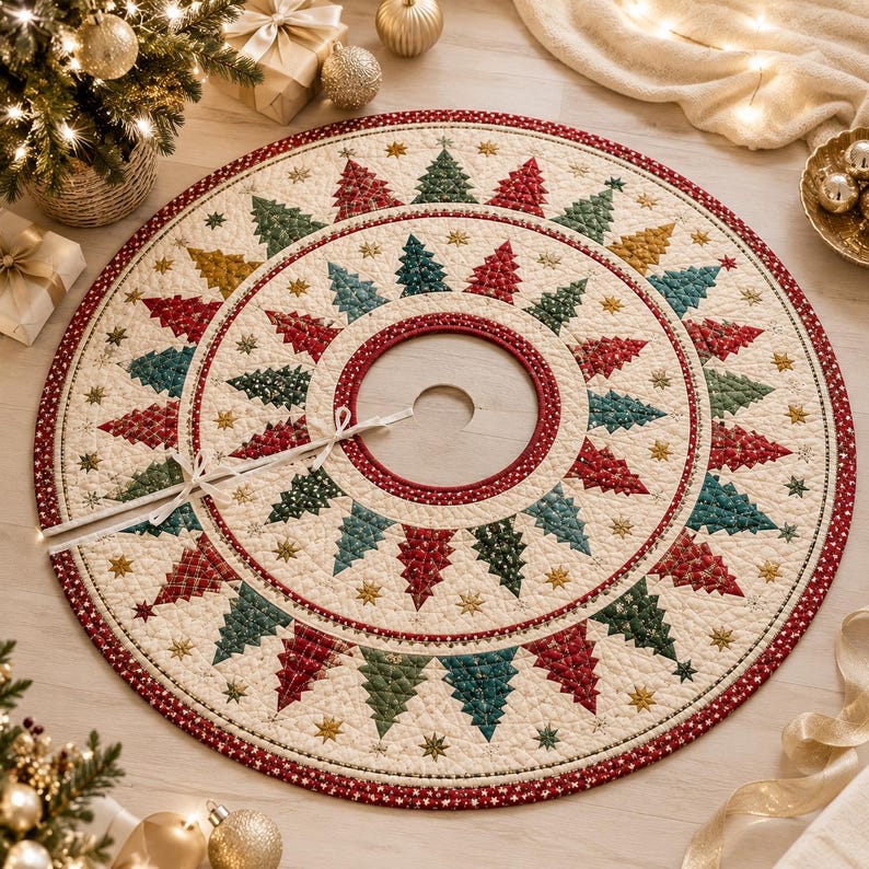 Quilted Christmas Tree Skirt, Patchwork Pine Tree Skirt, Farmhouse Holiday Decor