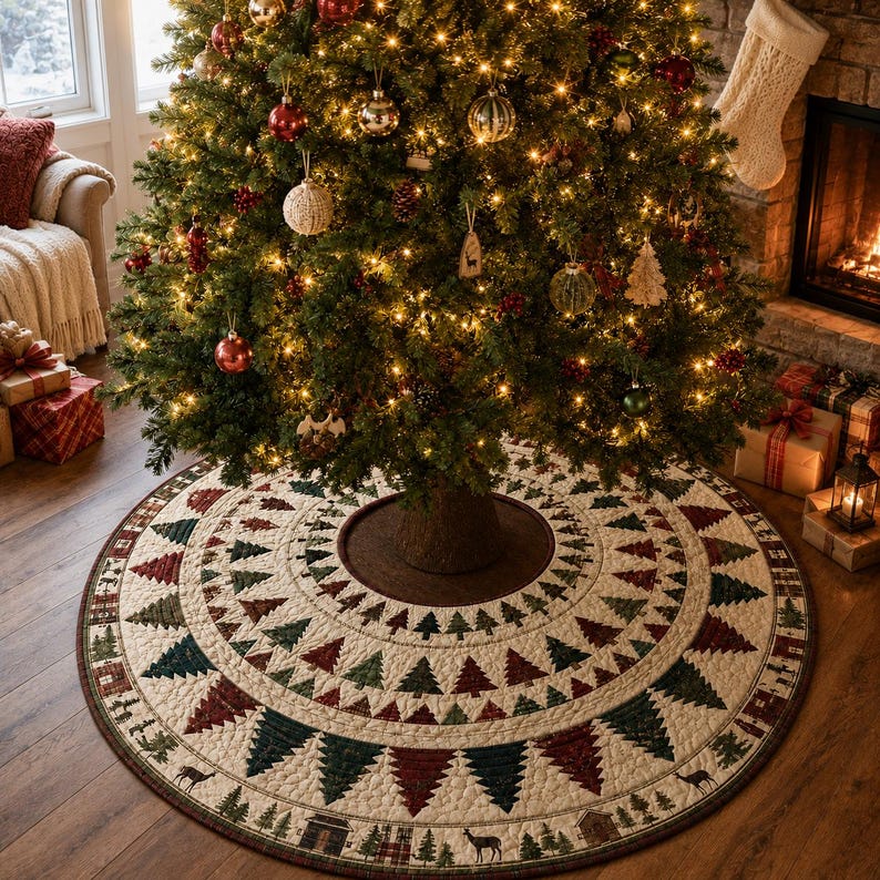 Quilted Christmas Tree Skirt, Patchwork Pine Tree Skirt, Farmhouse Holiday Decor