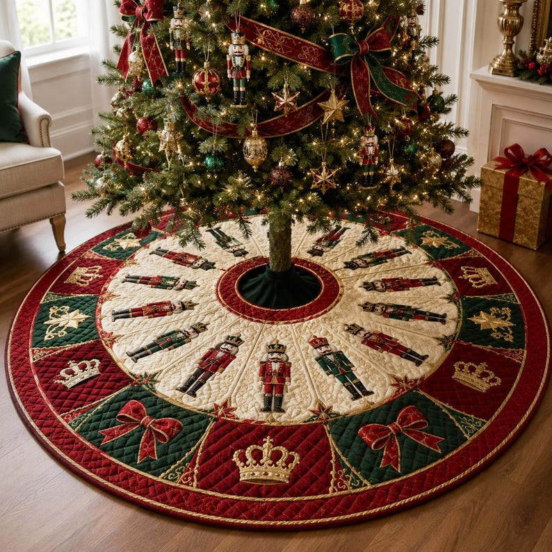 Nutcracker Christmas Tree Skirt, Quilted Patchwork Holiday Decor, Traditional Red Green Tree Mat, Royal Crown Design