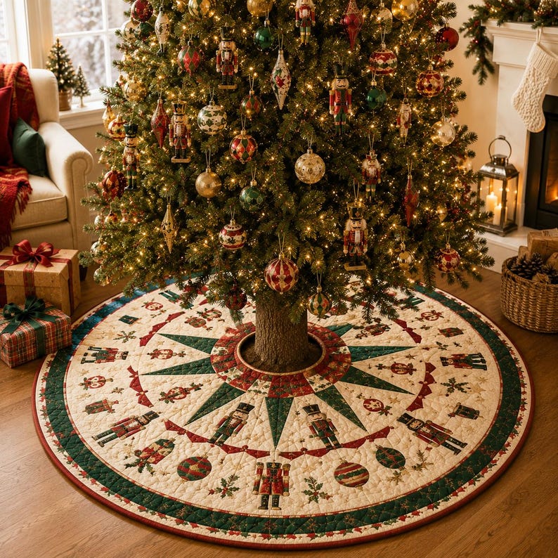 Nutcracker Christmas Tree Skirt, Quilted Patchwork Holiday Decor, Traditional Red Green Tree Mat, Royal Crown Design