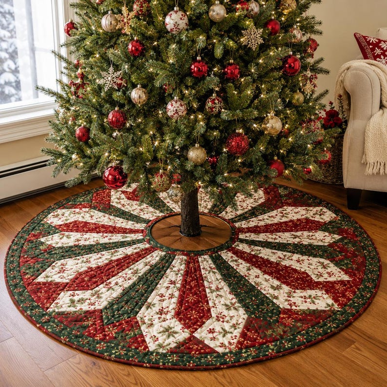 Patchwork Christmas Tree Skirt, Quilted Red Green Holiday Decor, Traditional Farmhouse Tree Mat