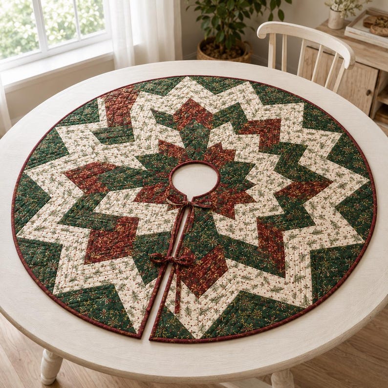 Patchwork Christmas Tree Skirt, Quilted Red Green Holiday Decor, Traditional Farmhouse Tree Mat