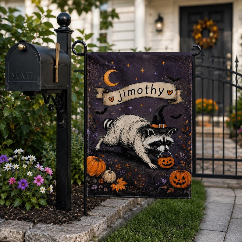 Personalized Jimothy Raccoon Garden Flag, Funny Jimothy Halloween Flag, Spooky Fall Porch Flag
