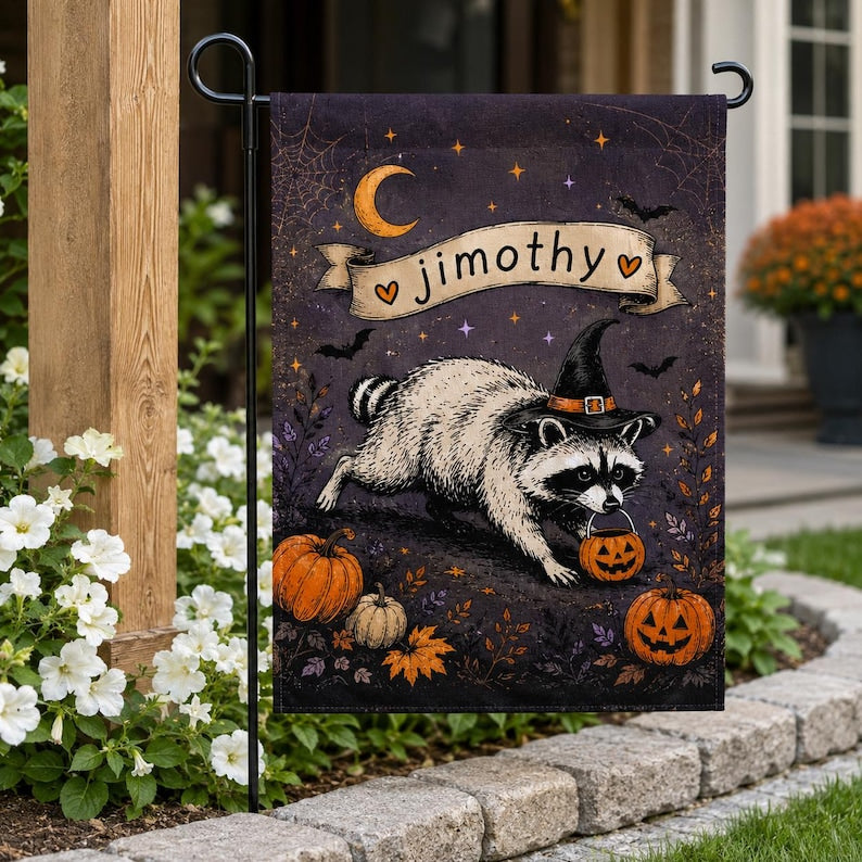 Personalized Jimothy Raccoon Garden Flag, Funny Jimothy Halloween Flag, Spooky Fall Porch Flag