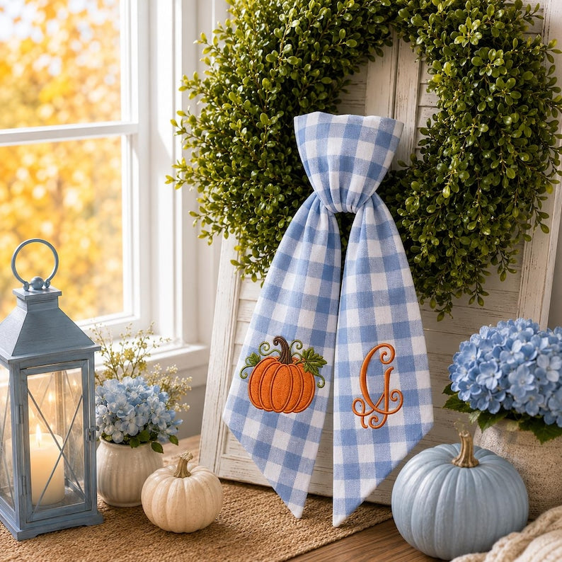 Personalized Pumpkin Wreath Sash, Embroidered Halloween Front Door Decor, Custom Monogram Bow, Fall Porch Accent