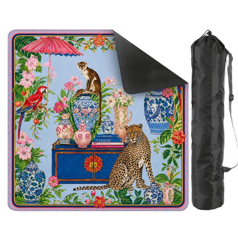 Vibrant Chinoiserie Mahjong Mat, Exotic Animals And Floral Print, Decorative Game Pad, Elegant Table Accessory
