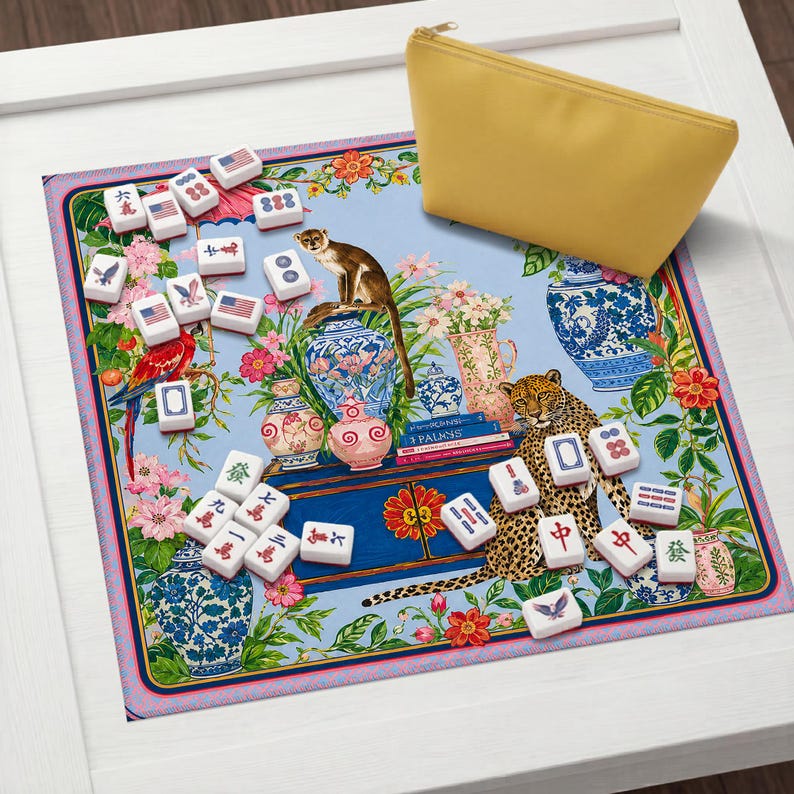 Vibrant Chinoiserie Mahjong Mat, Exotic Animals And Floral Print, Decorative Game Pad, Elegant Table Accessory